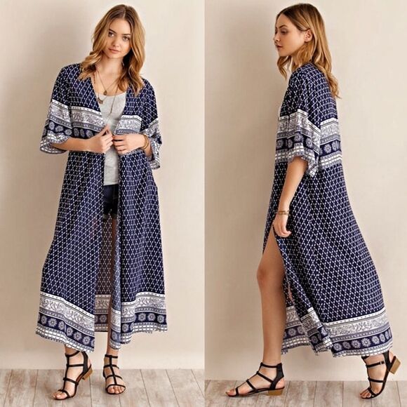 Kimono Duster Cardigan Navy White Floral Small Paisley Boho Rayon - Picture 2 of 7